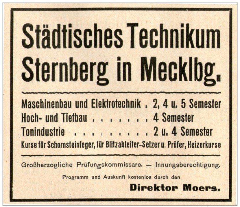 Original-Werbung/ Anzeige 1910 - STÄDTISCHES TECHNIKUM STERNBERG IN MECKLENBURG  - Ca.  90 X 75 Mm - Werbung