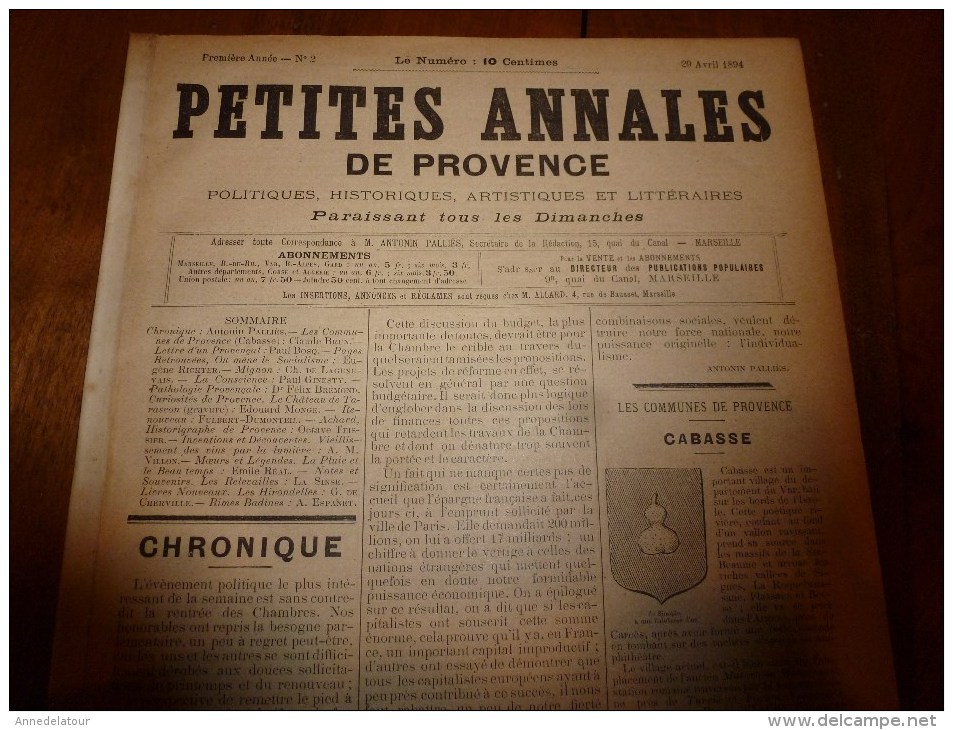 1894 Petites Annales De Provence ( CABASSE , Le Château De Tarascon , Le Vieillissement Des Vins Par La Lumière Etc - 1850 - 1899