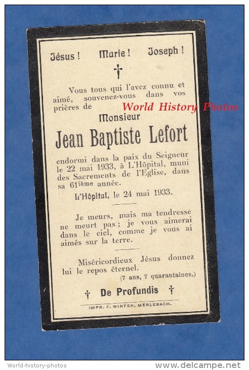 Faire-Part De Décés - L'HOPITAL ( Moselle ) - Monsieur Jean Baptiste LEFORT Décédé En 1933 - Imp Winter Merlebach - Décès