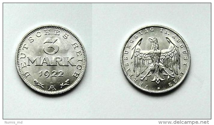 3 Mark 1922 A *VZ* J303 - 3 Jahre Weimarer Verfassung - 3 Mark & 3 Reichsmark