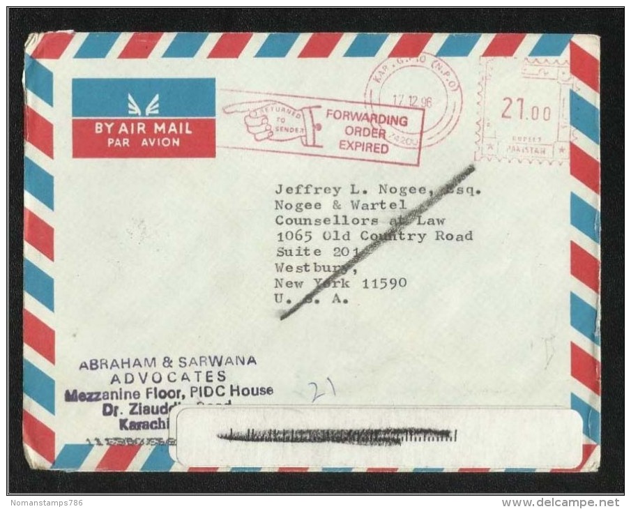 Pakistan To USA Returned To Sender Meter Franking Air Mail Postal Used Cover Reason For Non Delivery Postmark  U S A - Pakistan