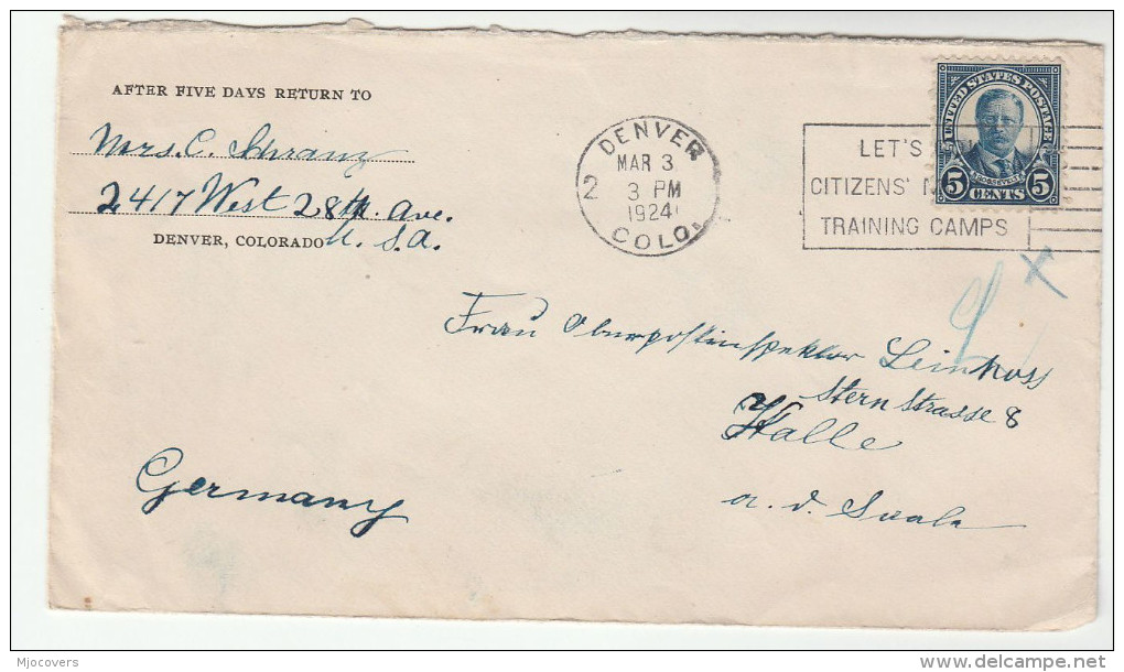 1924 Denver USA COVER  5c Roosevelt Stamps To Germany - Briefe U. Dokumente