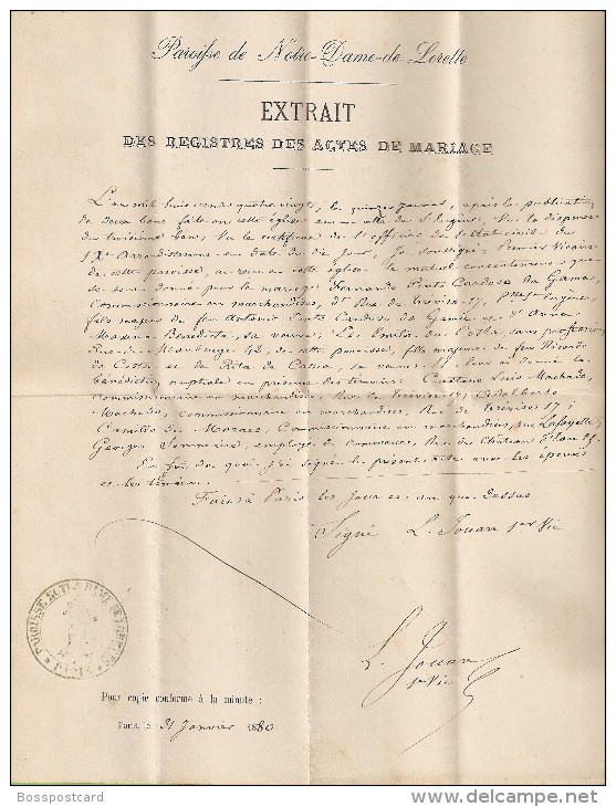 Paris - Extrait Des Registres Des Actes De Mariage, 1880 - Paroisse De Notre Dame De Lorette - France - Mariage