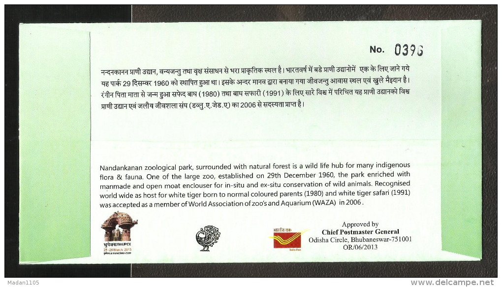 INDIA, 2013, SPECIAL COVER,  BHUPEX 2013, White Tiger, Nandankanan Zoological Park, Bhubaneswar   Cancelled - Felini