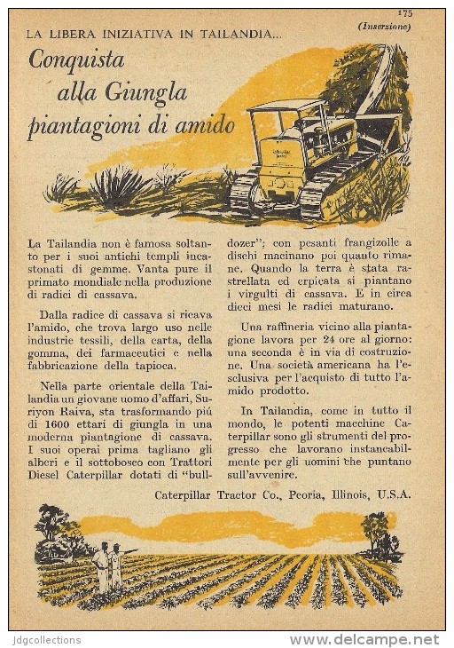 # CATERPILLAR TRACTOR Co.USA 1950s Italy Advert Pub Reklame Peoria Illinois USA Bulldozer Thailand Starch - Trattori