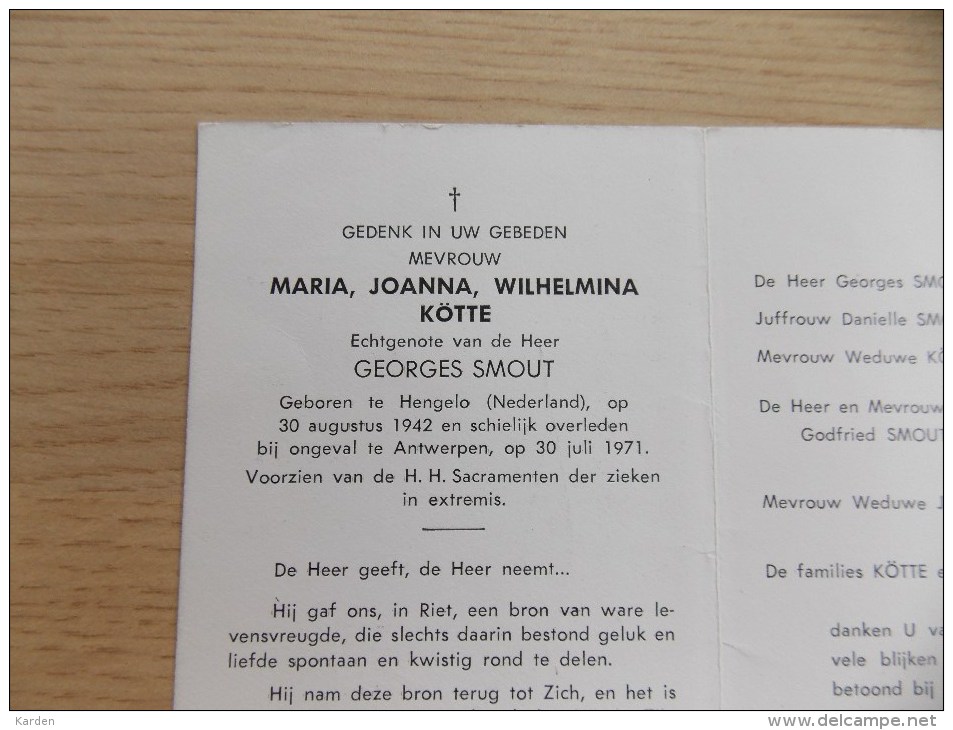 Doodsprentje Maria Joanna Wilhelmina Kötte Hengelo (N) 30/8/1942 Antwerpen 30/7/1971 ( Goerges Smout ) - Religione & Esoterismo