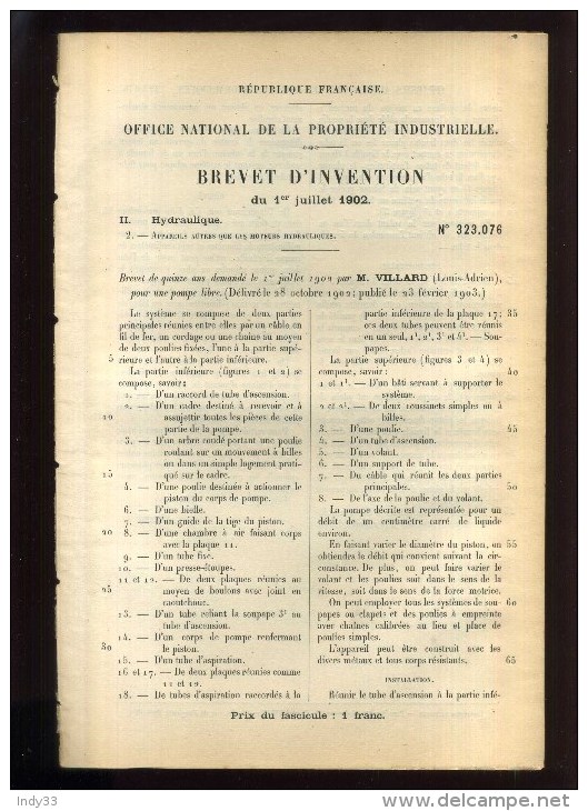 - POMPE LIBRE . BREVET D´INVENTION DE 1902 . - Andere Geräte