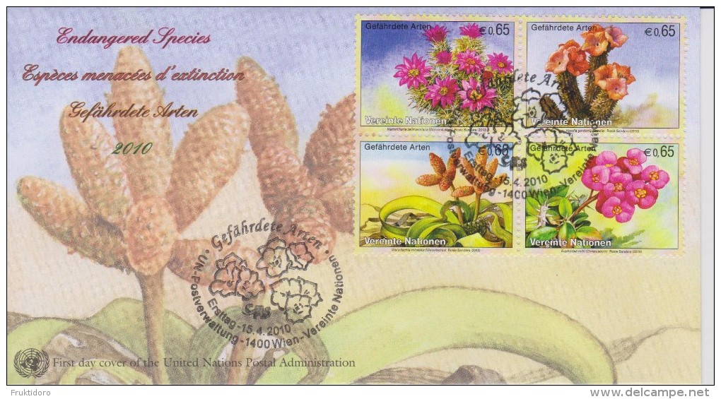 United Nations FDC Mi 639-642 Endangered Species - Pincushion Cactus - Hoodia - Tree Tumbo - Crown Of Thorns - 2010 - FDC