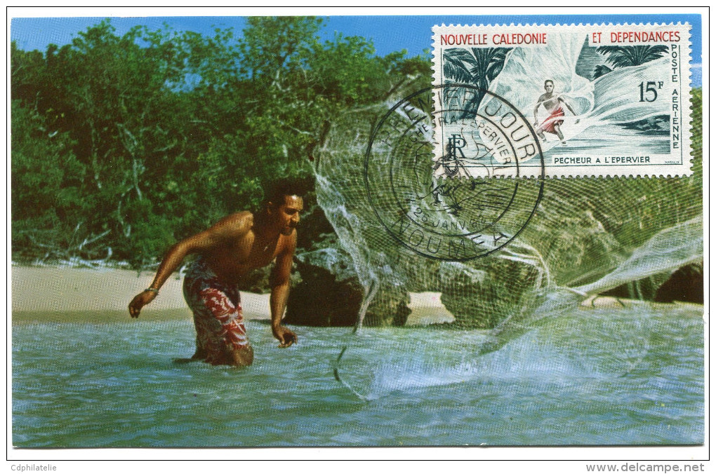 NOUVELLE-CALEDONIE CARTE- MAXIMUM DU PA 67  15F PECHEUR A L'EPERVIER OBLITERATION 1er JOUR NOUMEA 26 JANV. 62 - Maximum Cards