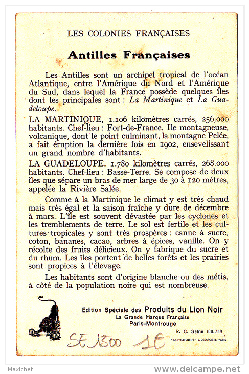 Carte Illustrée Format CPA - Colonies Françaises "Les Antilles" Texte Au Verso - Publicité Produits Du Lion Noir - Publicités