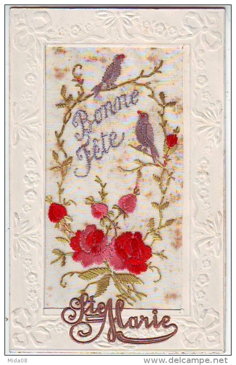 CARTE BRODEE ET TOUR GAUFRE . SAINTE MARIE . FLEURS ET OISEAUX . BONNE FETE . - Brodées