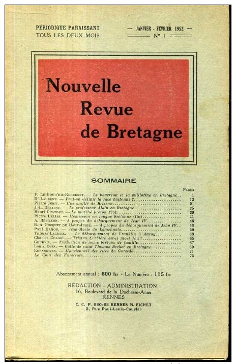 Nouvelle Revue De Bretagne N°1  1952  Le Debarquement De Jean 4 Bourreau Et Fuillotine En Bretagne - Bretagne