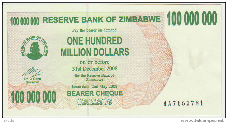 Zimbabwe 100 000 000 Dollars 2008 Pick 58 UNC - Zimbabwe