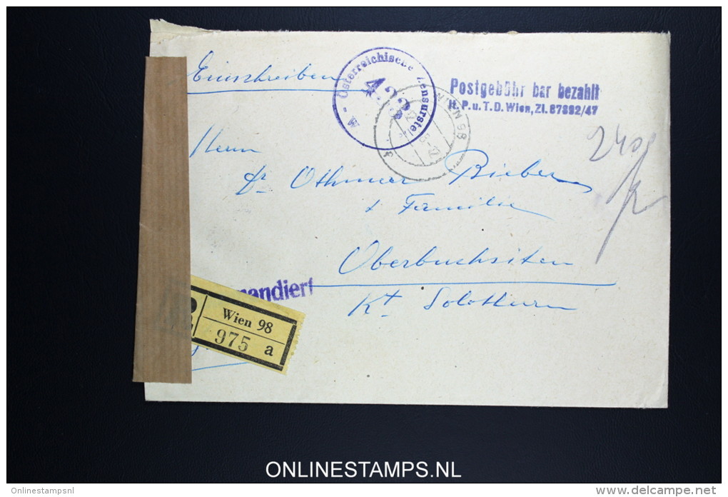 Osterreich 1948 R-brief Postgebühr Bar Bezahlt  Wien To Oberbuchsiten Switserland. - Briefe U. Dokumente