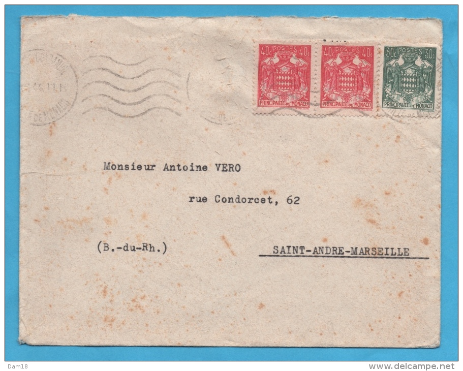 MONACO N° 250 251 (YT)  SUR LETTRE DE 1944 POUR MARSEILLE - Covers & Documents