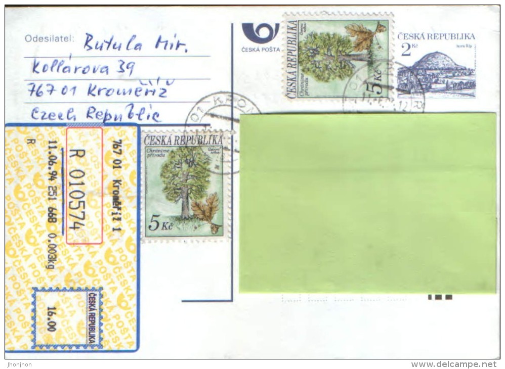 Czech Republic -Postal Stationery Postcard Registered 1994- Circulated From Kromeriz At Suceava,Romania - Cartes Postales