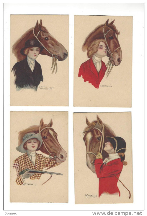 ( Ill. Italien , Style Proche De Nanni, Lot 7 Cartes, Charme, Mode, Chevaux ( Cheval, Hippisme, Marianne Phrygien ) - Otros & Sin Clasificación