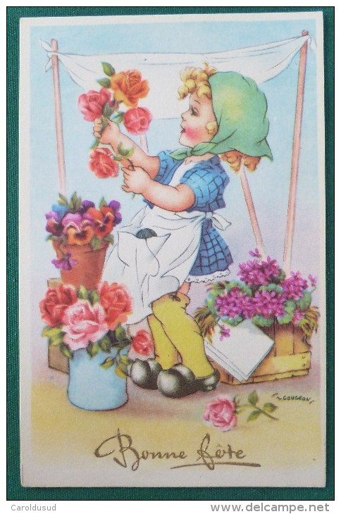 Cpa Litho Illustrateur GOUGEON Fete Enfant Fille Fillette Sabots Marchande De Fleurs Bouquet Pot Vase - Gougeon