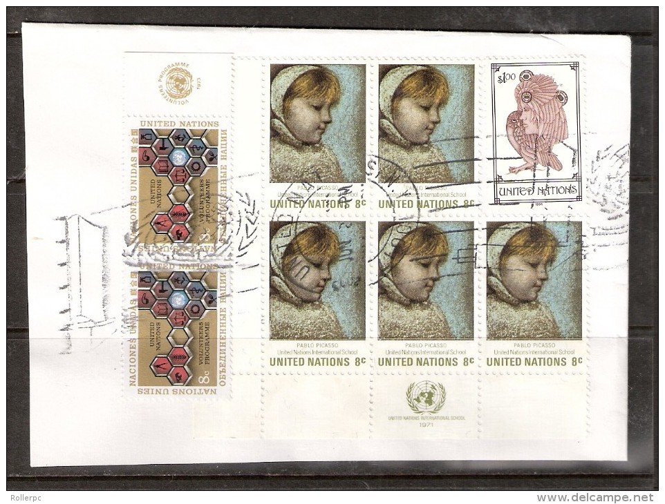 012115 UNITED NATIONS -Sc N 238, 224, 646 - 8c, 8c, $1 - ON FRAGMENT-5TH ANNIV.,MAIIA-PICASSO, MOURNING OWL-V. ISITT-ART - Used Stamps