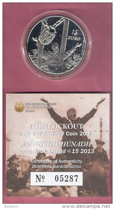 IERLAND 15 EURO 2013 SILVER PROOF CENTENARY OF THE LOCKOUT WITH ORIGINAL BOX - Ierland