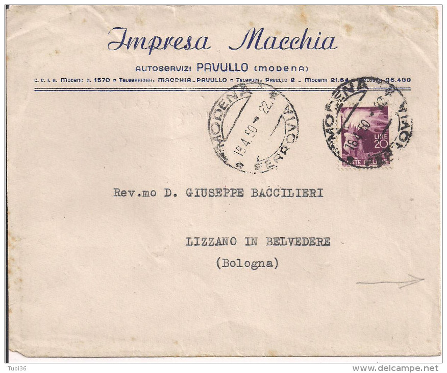 MACCHIA, AUTOSERVIZI, PAVULLO, MODENA, BUSTA COMMERCIALE VIAGGIATA 1950, LIZZANO BELVEDERE,BOLOGNA,AL VERSO LINEE PULMAN - Pubblicitari