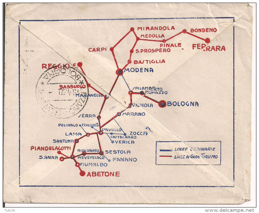 MACCHIA, AUTOSERVIZI, PAVULLO, MODENA, BUSTA COMMERCIALE VIAGGIATA 1950, LIZZANO BELVEDERE,BOLOGNA,AL VERSO LINEE PULMAN - Pubblicitari