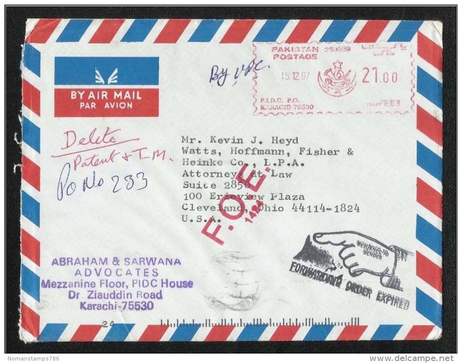 Pakistan To USA Returned To Sender Meter Franking Air Mail Postal Used Cover Reason For Non Delivery Postmark  U S A - Pakistan