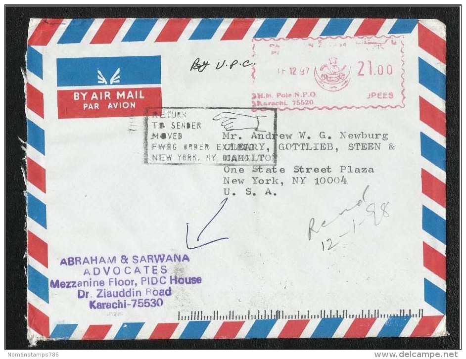 Pakistan To USA Returned To Sender Meter Franking Air Mail Postal Used Cover Reason For Non Delivery Postmark U S A - Pakistan