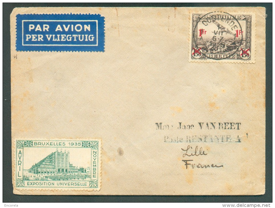 PA 1Fr S/1Fr.50 Obl. Sc OOSTENDE Sur Lettre Par Avion Du 1-VII-1935 + Vignette Exposition Unierselle De Bruxelles 1935 V - Sonstige & Ohne Zuordnung