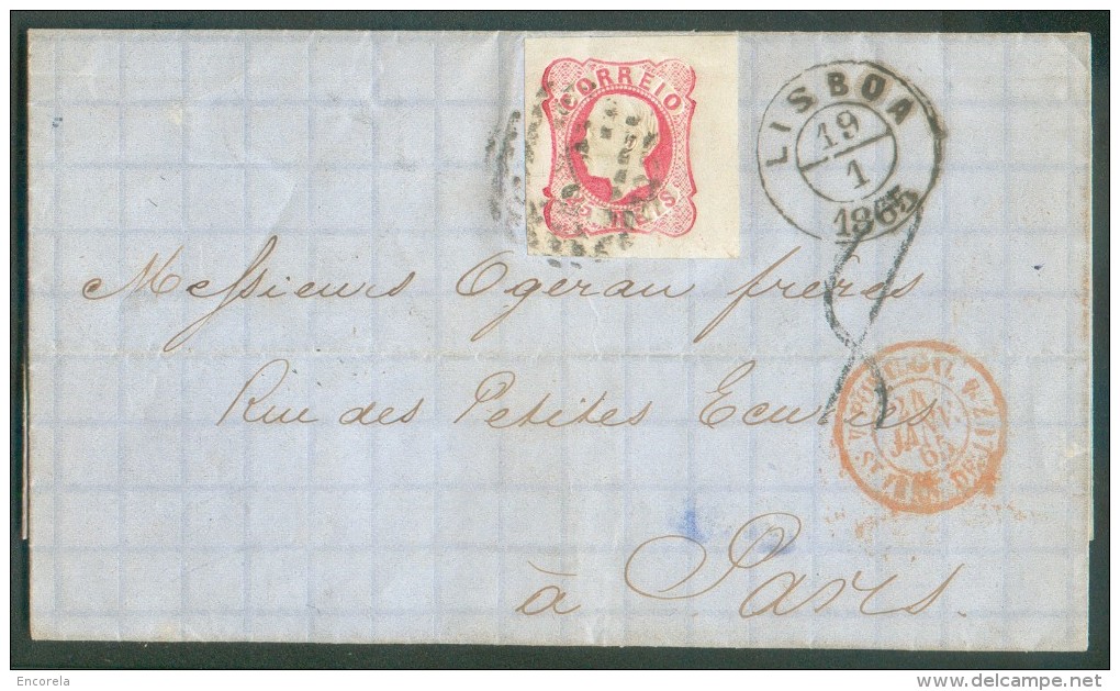 25 Réis Rose, Marges Maxima Et Bord De Feuille Droit, Obl. à Points Sur Lettre De LISBOA (LISBONNE) Le 9/1 1865 Vers Par - ...-1853 Prephilately