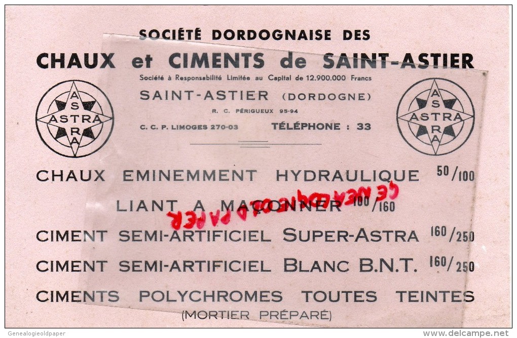 24 - ST SAINT ASTIER - BUVARD SOCIETE DORDOGNAISE DES CHAUX ET CIMENTS- CIMENT- DORDOGNE - ASTRA - Autres & Non Classés