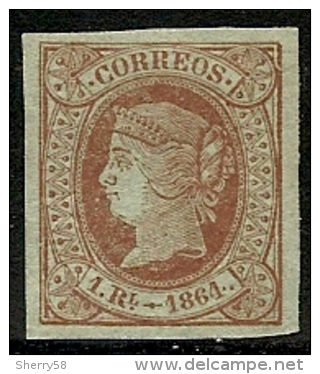 1864-ED. 67 ISABEL II 1 REAL CASTAÑO S. VERDE - NUEVO CON FIJASELLOS AMPLIOS MÁRGENES - Postfris – Scharnier