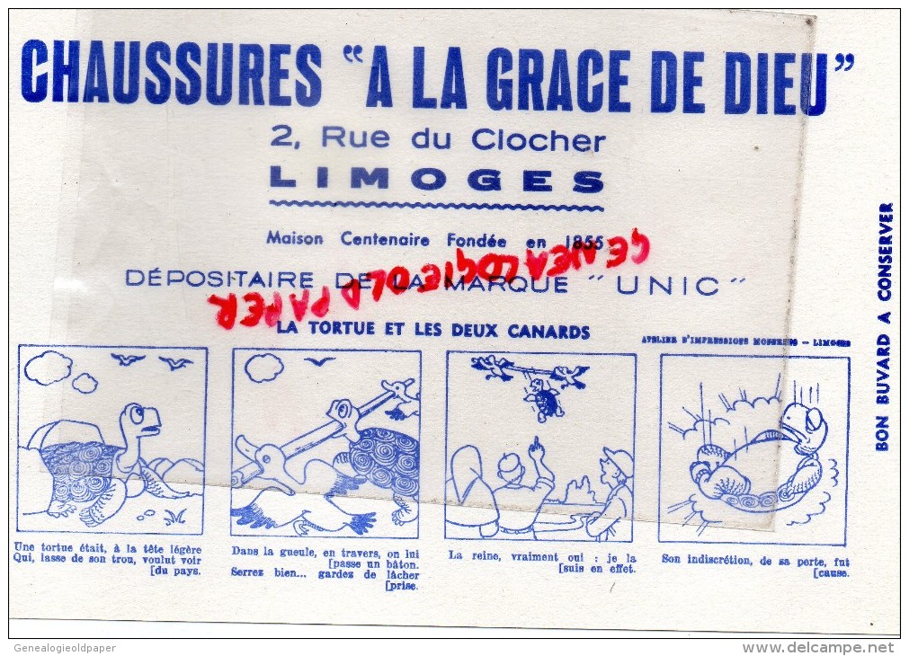 87 - LIMOGES - BUVARD - CHAUSSURES " A LA GRACE DE DIEU " 2 RUE DU CLOCHER - MARQUE UNIC - LA TORTUE ET CANARDS - Lebensmittel