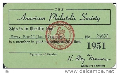 Membership Card DO000009 - American Philatelic Society 1951 - Historical Documents