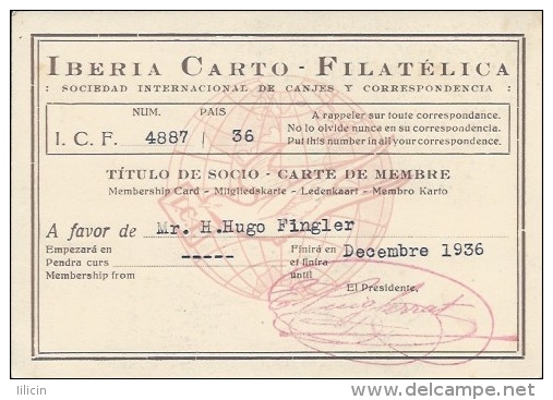 Membership Card DO000016 - Iberia Carto Filatelica 1936 - Documents Historiques