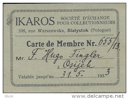 Membership Card DO000020 - Ikaros Bialystok Poland 1933 (Societe D'Echange Pour Collectionneurs) - Documentos Históricos