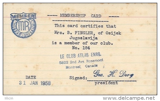Membership Card DO000025 - Le Club Atlas Enrg. Montreal Canada 1958 - Historical Documents