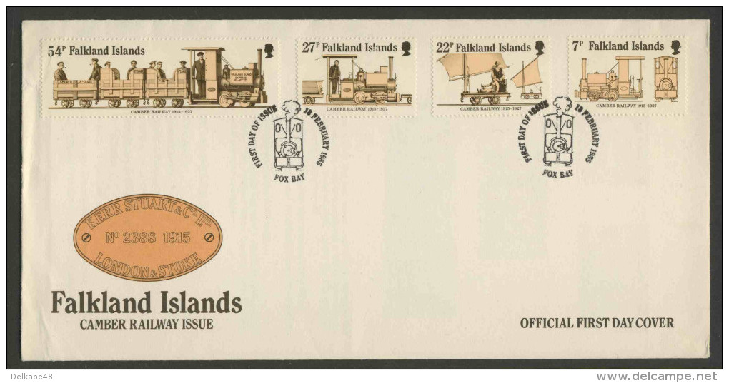 Falkland Islands 1985 FDC + Mi 419 /2 -  70th Ann. Camber Railway / Camber-Eisenbahn - Wren-Lokomotive - Treni