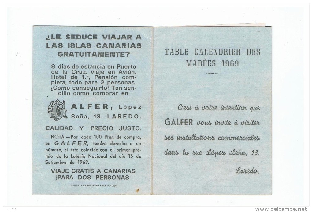 Calendrier  Des Marées     1969     Galfer  Laredo - Petit Format : 1961-70