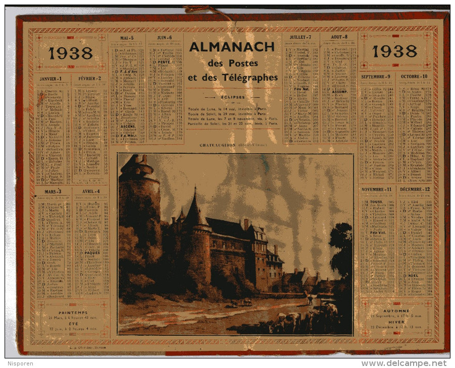 Calendrier - Almanach Des Postes Et Télégraphes 1938 Carte Du Département De L´Ain - Tamaño Grande : 1921-40
