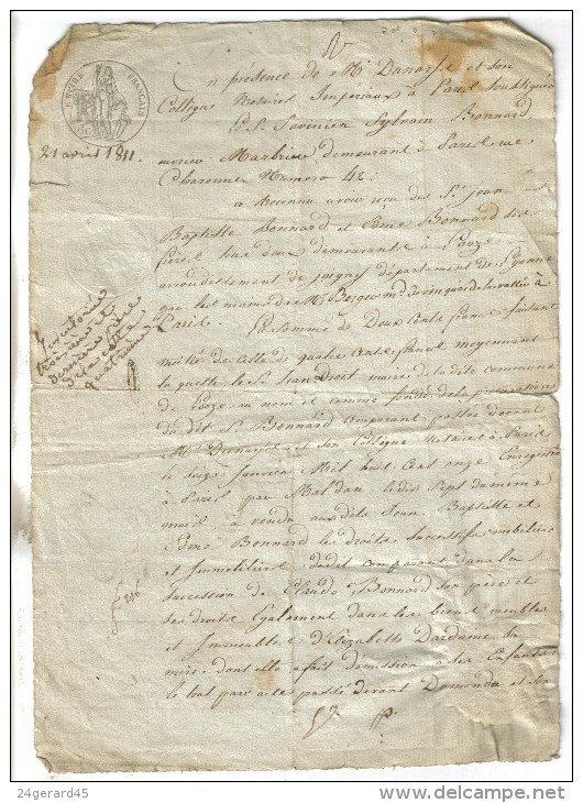 DOCUMENT NOTARIAL 1 FEUILLE PETIT F TIMBRE IMPERIAL FISCAL HUMIDE 25 CENTS 21/04/1811 - Certifié Payé JOIGNY LOOZE Yonne - Gebührenstempel, Impoststempel