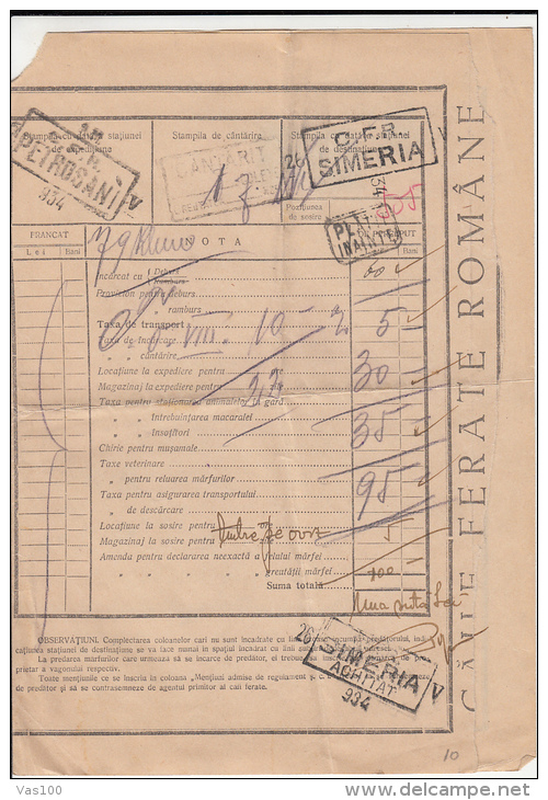 WAYBILL, RAILWAY TRANSPORTATION TICKET FOR MERCHANDISE, AVIATION, STATISTICAL STAMPS,1934, ROMANIA - Europe