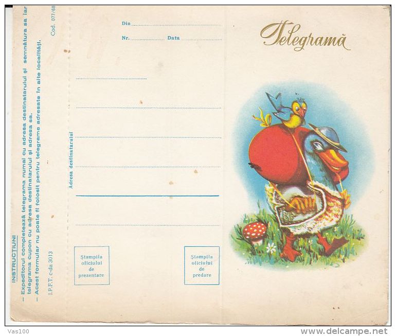 DUCK, EASTER EGG, MUSHROOM, LUXURY TELEGRAMME, UNUSED, 1968, ROMANIA - Télégraphes