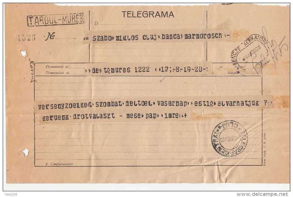 TELEGRAMME SENT FROM TARGU MURES TO CLUJ NAPOCA, 1929, ROMANIA - Télégraphes