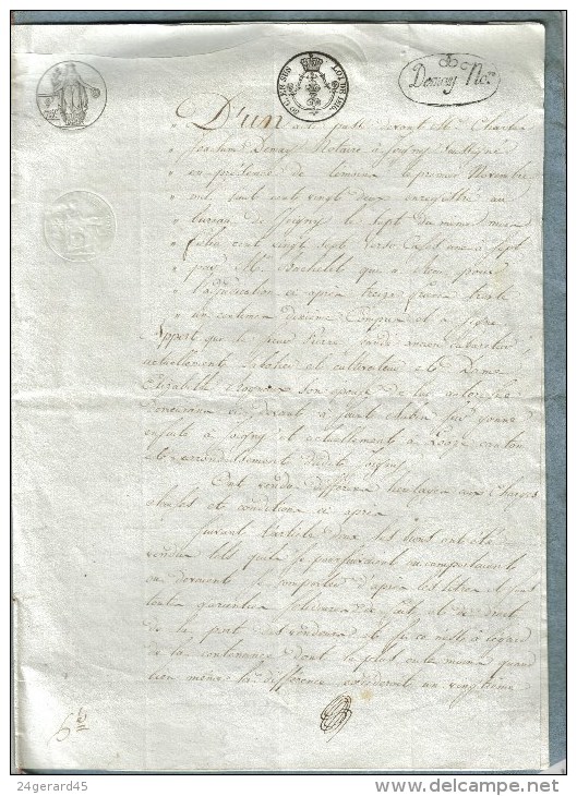 DOC. NOT. 1 FEUILLE G. F PLIEE TIMBRE ROYAL FISCAL HUMIDE 75 CENTS+50 EN SUS 1/11/1822 - Vente LOOZE, ST CYDROINE, ... - Cachets Généralité