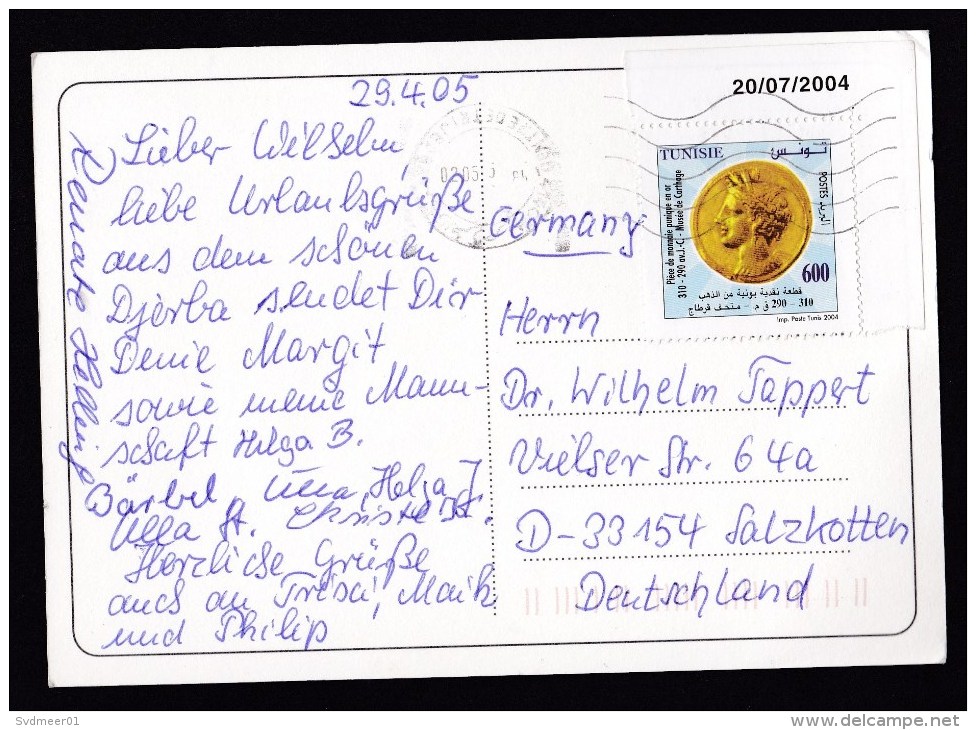 Tunisia: Picture Postcard To Germany, 2005, Corner Stamp, Coin, Money, Card: Aldiana Djerba Atlantide (traces Of Use) - Tunesië (1956-...)