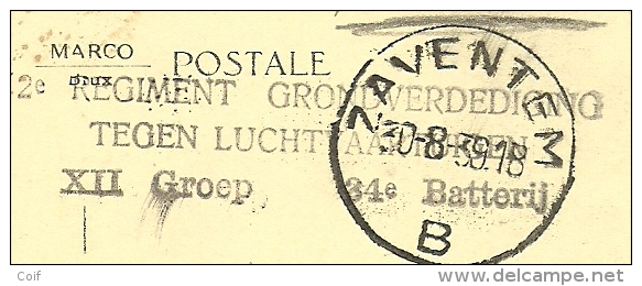 Kaart (CRAINHEM) Met Stempel ZAVENTEM Op 30/8/1939, Stempel 2° REGIMENT GRONDVERDEDIGING TEGEN LUCHTVAARTUIGEN.. - Armeestempel