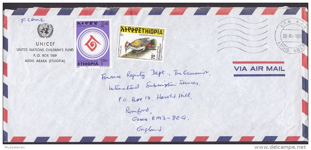 Ethiopia Airmail UNITED NATIONS Childrens Fund ADDIS ABABA 1999 Cover Brief England Bird Vogel Oiseau Woodpecker - Äthiopien