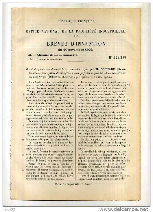 - CHEMIN DE FER . SABOT FREIN A MAIN . BREVET D´INVENTION DE 1902 . - Eisenbahnverkehr