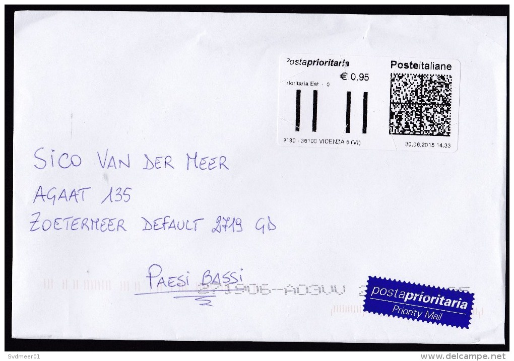 Italy: Cover Vicenza To Netherlands, 2015, ATM Machine Label 0.95, Priority Label (traces Of Use) - Andere & Zonder Classificatie